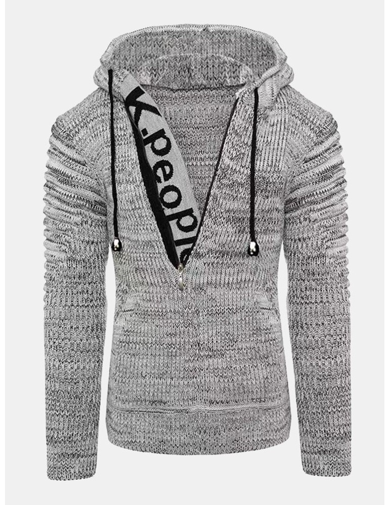 Sweaters - Mens Letter Pattern Half Zip Vintage Knitted Drawstring Sweater Hoodies
