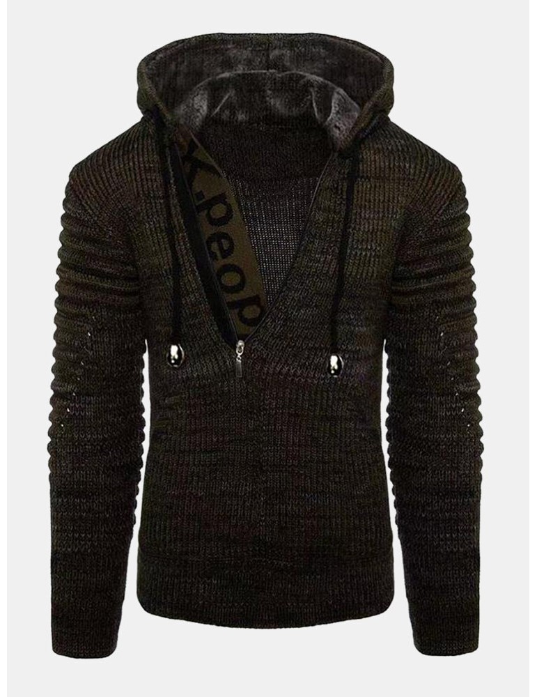 Sweaters - Mens Letter Pattern Half Zip Vintage Knitted Drawstring Sweater Hoodies