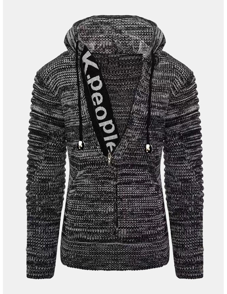 Sweaters - Mens Letter Pattern Half Zip Vintage Knitted Drawstring Sweater Hoodies