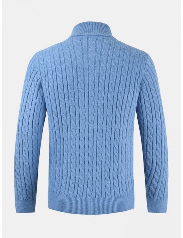Mens Solid Color Twist Knit Half Zipper High Neck Winter Warm Sweater